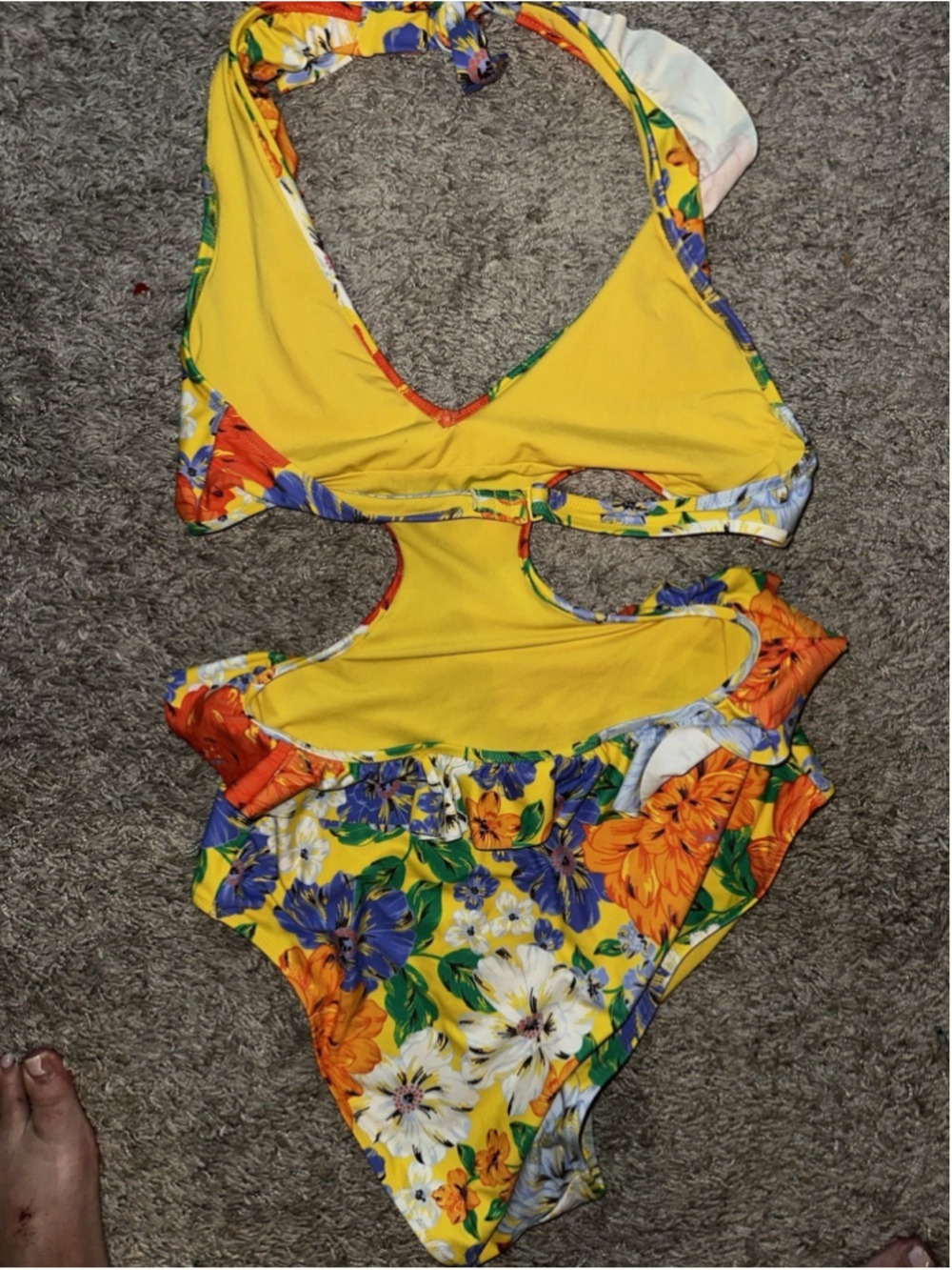 Aerie Yellow Floral Monokini Floral Ruffle Halter One Piece Swimsuit Large - Picture 8 of 13